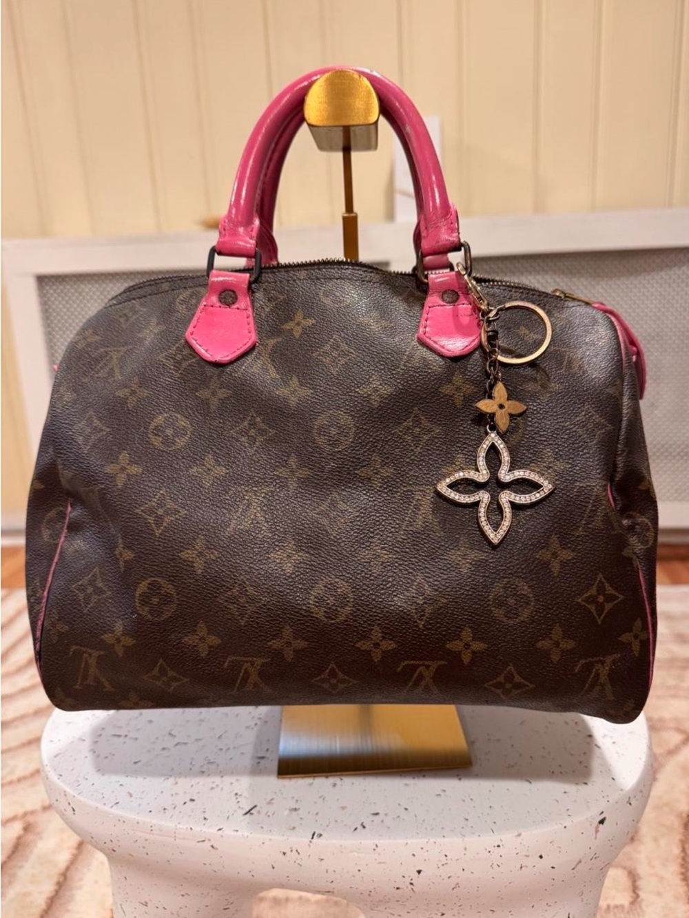 Louis Vuitton Speedy 30 in Monogram canvas with custom pink leather trim w/ COA